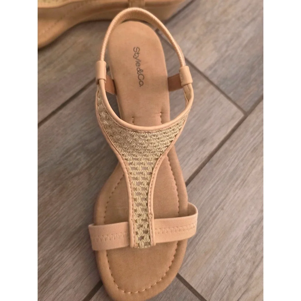Style & Co Vacanzaar Nude Beige Crochet Wedge Sandals Elastic Slingback 9.5M